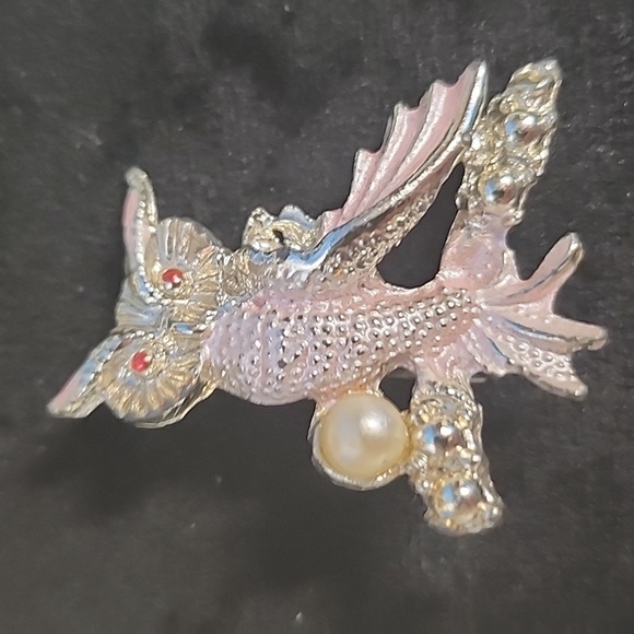 Jewelry - Vintage Pink Enamel Owl Brooch Faux Pearl Rhinestone Eyes Figural Bird Pin